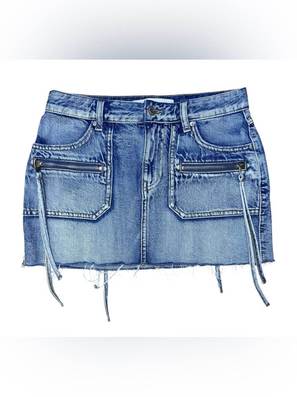 Bershka Y2K Denim Mini Skirt Zip Pocket Fringe Hem